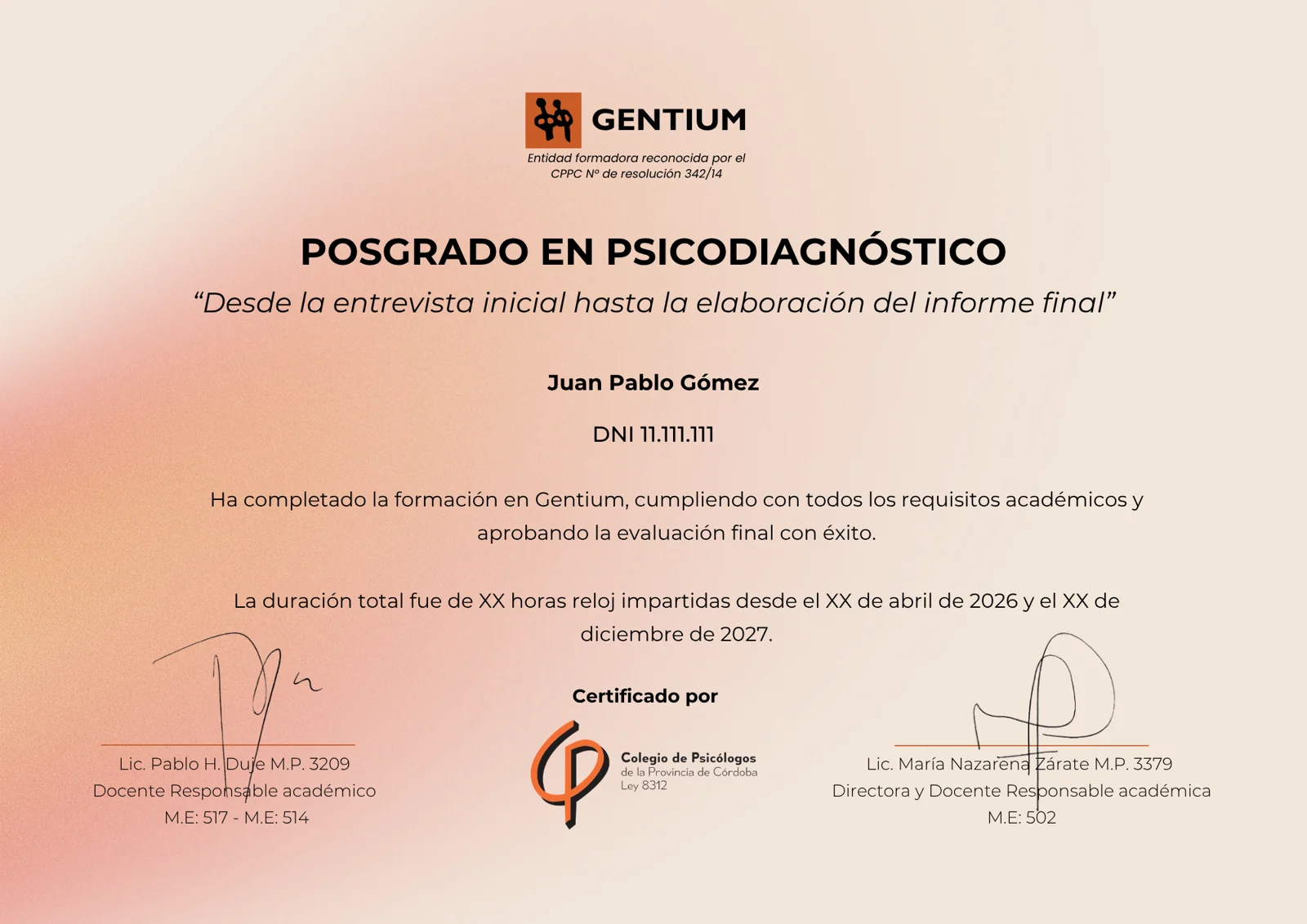 Certificado del Posgrado en Psicodiagnóstico, avalado por el Colegio de Psicólogos de la Provincia de Córdoba