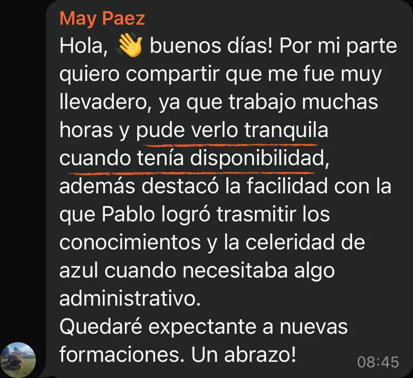 Reseña de una colega sobre poder cursar a su propio ritmo